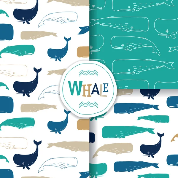 Ocean Patterns With Sperm Whale / Cachalot On White Background. — Stock Vector