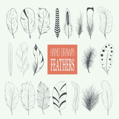 Elle çizilmiş tüy topluluğu. Boho stil vektör çizim.