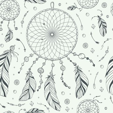 Dikişsiz desen / baskı elle çizilmiş yerli Hint / American Dream Catcher. Boho stil vektör çizim.