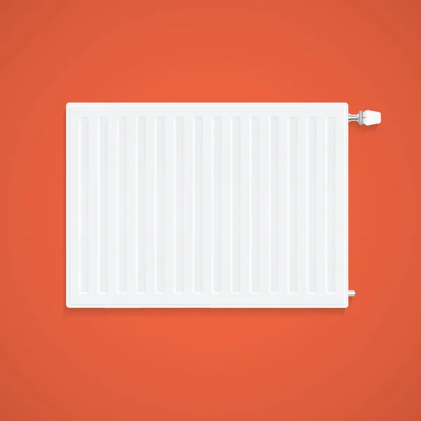 Realistic White Heating Radiator With Regulator On Orange Wall. — Stock Vector