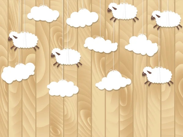 Les petits moutons volent sur un fond en bois. Illustration vectorielle — Image vectorielle