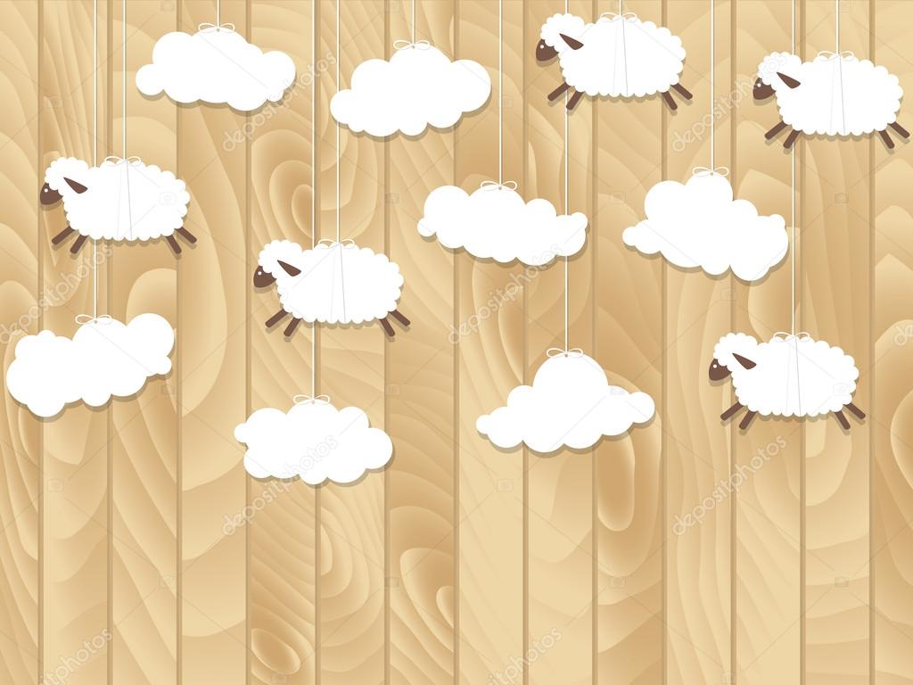 Little sheep fly on wooden background. Vector illustration
