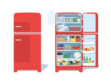 Vintage Red Closed and Opened Refrigerator Full Of Food. Vector  clipart