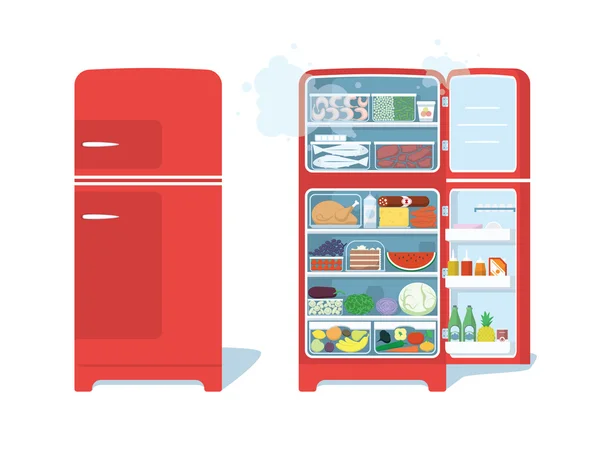 Refrigerador Vintage rojo cerrado y abierto lleno de comida. Vector — Archivo Imágenes Vectoriales