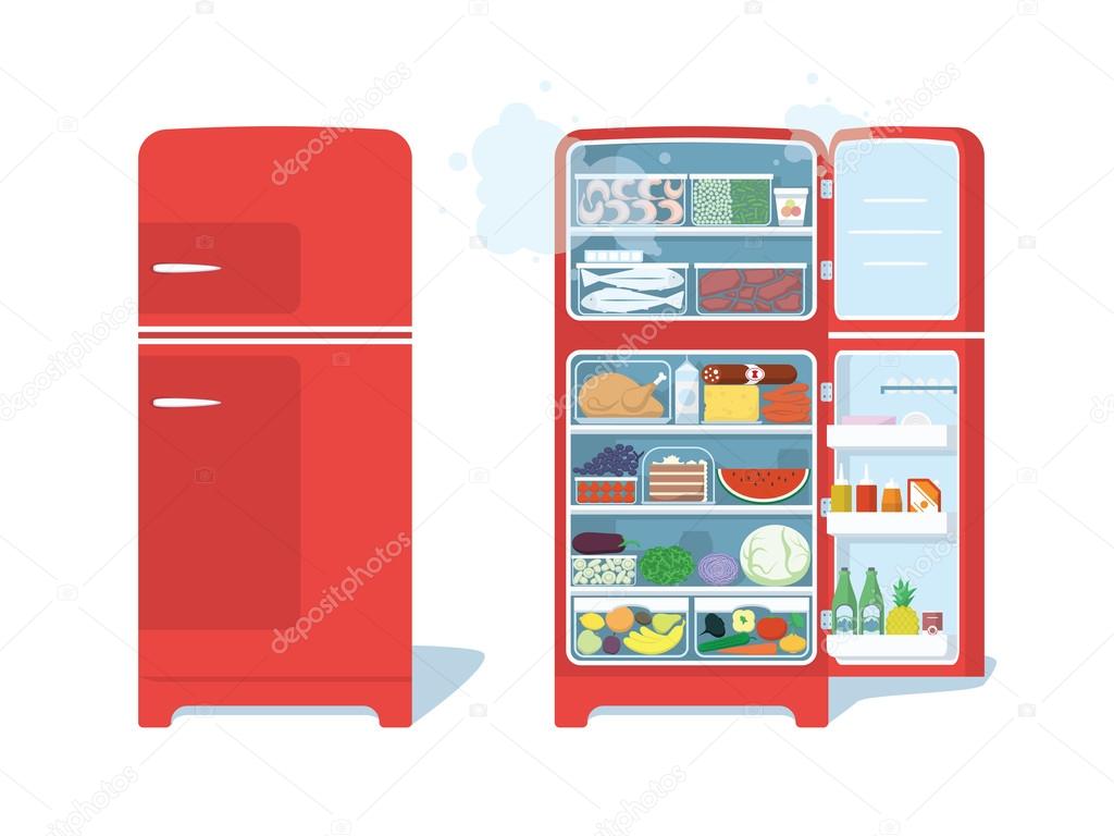 Vintage Red Closed and Opened Refrigerator Full Of Food. Vector 