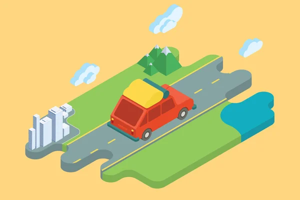 Araba yol yaz tatili. Düz izometrik sanat.