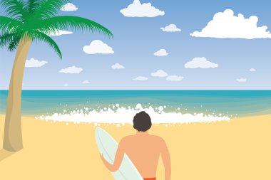 Surfer Man With Surfing Board On Beach. Summer Holiday