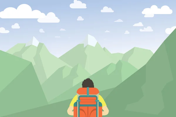 Hombre con mochila Senderismo. Paisaje de montaña Vector Ilustración — Archivo Imágenes Vectoriales