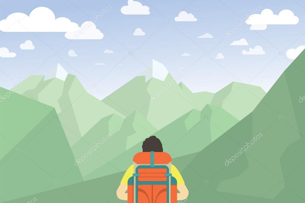 Man With Backpack Hiking. Mountain Landscape Vector Illustration