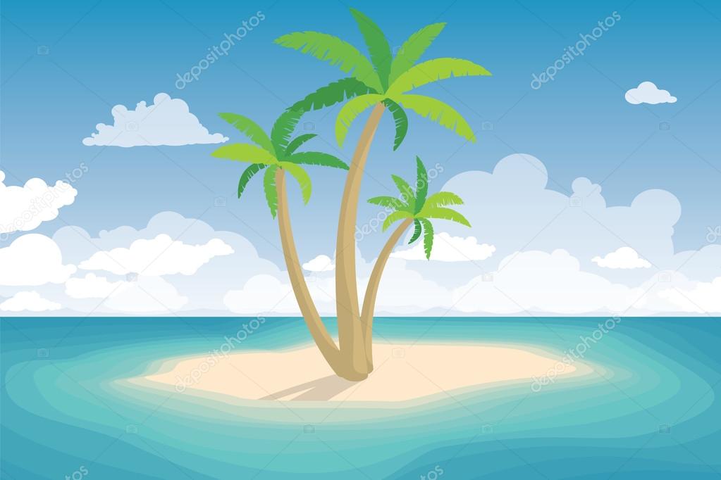 Tropical Palm On Island. Summer Landscape Vector Illustration.