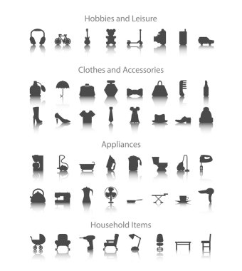 Ayarla simgeler fo Hobiler, eğlence, ev, Giysi, Aksesuar, aletleri
