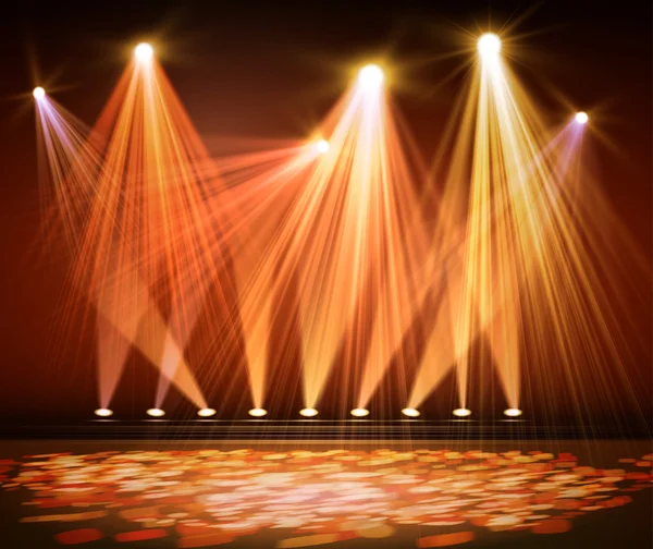 Various stage lights in the dark. Spotlight on stage. — Stock Vector