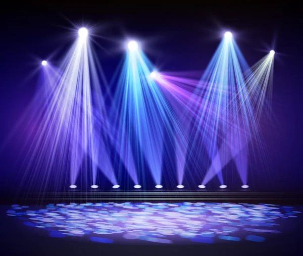 Various stage lights in the dark. Spotlight on stage. — Stock Vector