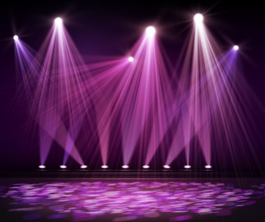 Çeşitli sahne ışıkları karanlık. Sahne alanı üzerindeki spot.