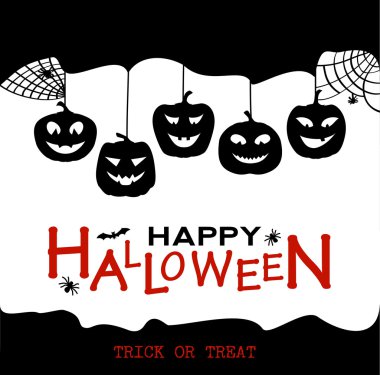 Cadılar Bayramı tasarım kabaklar ve evler. Tatil metin ile siyah-beyaz korku arka plan.