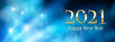 Modern 2021 Metin Tasarımı koyu mavi renkte. Mutlu yıllar ile aydınlık ve bokeh. Vektör.