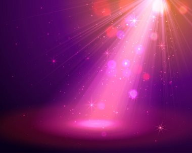 Sahnede ışık ve ışık saçan bir sahne ışığı. Vektör illüstrasyonu.