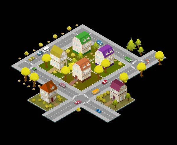 Flache Straßen Und Häuser Landschaft Gps Navigation Infografik Isometrisches Konzept — Stockvektor