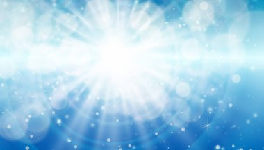 Mavi gökyüzü ve güneş. Patlama ve ışınlarla Gerçekçi Görüntü Tasarımı. Soyut Parlak Arkaplan. Vektör illüstrasyonu