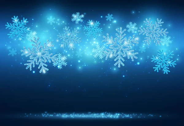 Banner Azul Año Nuevo Con Copos Nieve Brillantes Fondo Belleza — Archivo Imágenes Vectoriales