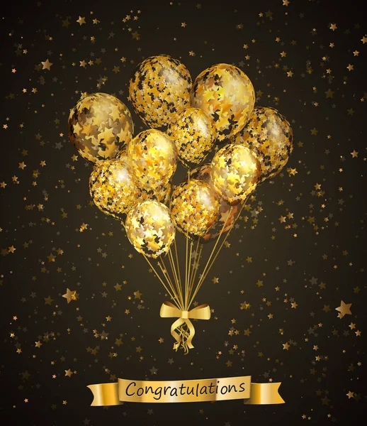 Altın yıldızlı bir balon demeti. Banner 'la Siyah Arkaplan. Tebrikler. Vektör EPS 10
