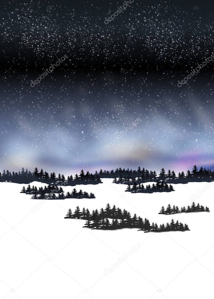Mountain Snow Night Landscape With Nordic Shine, Vector