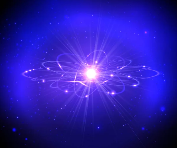 Parlak atom modeli. Galaksinin mavi arka planlı neon yörüngesi. Vektör
