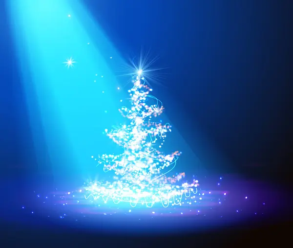 Χριστουγεννιάτικο δέντρο με defocused φώτα. μπλε φόντο — Διανυσματικό Αρχείο