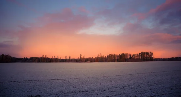 Hermoso Brillante Colorido Paisaje Amanecer Invierno Cielo Brillante Primera Nieve — Foto de Stock