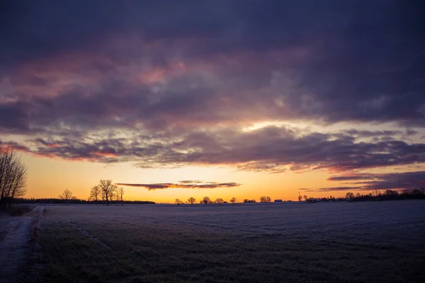 Hermoso Brillante Colorido Paisaje Amanecer Invierno Cielo Brillante Primera Nieve — Foto de Stock