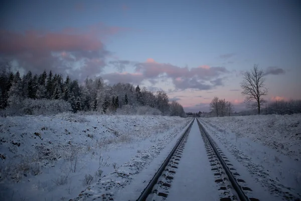 Piękny Zimowy Poranek Krajobraz Torów Kolejowych Lesie Kolorowa Sceneria Wschodu — Zdjęcie stockowe