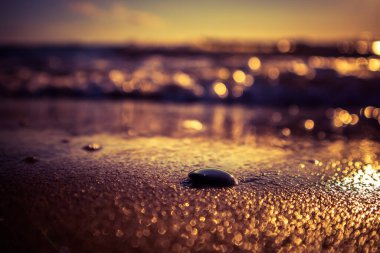 Kumda küçük çakıl taşları olan güzel bir sahil manzarası. Baltık Denizi kıyıları yaz günbatımında. Kumsalda kum ve çakıl.