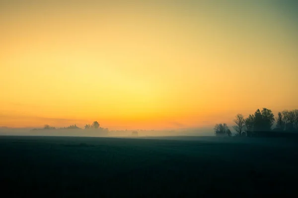 Eine Minimalistische Landschaft Eines Nebligen Sonnenaufgangs Sommer Mit Einem Weiten — Stockfoto