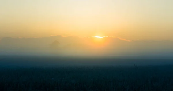 Eine Minimalistische Landschaft Eines Nebligen Sonnenaufgangs Sommer Mit Einem Weiten — Stockfoto