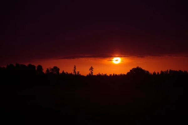 Die Sommersonne Geht Über Einer Ländlichen Landschaft Auf Sonnenaufgangslandschaft Sommerliche — Stockfoto