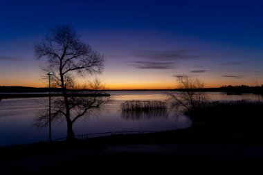 Ağaç siluetleriyle gölün üzerinde neşeli, renkli bir bahar sabahı. Letonya, Avrupa 'nın mevsimsel manzarası.