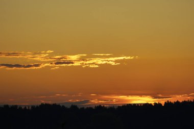 Yaz sabahı gölün üzerinde yükselen güzel altın bir güneş. Letonya, Avrupa 'nın renkli mevsimlik manzarası.