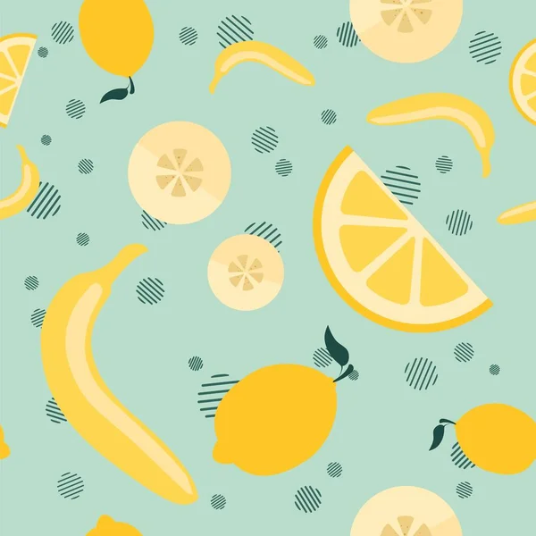 Naneli pastel arka planda muz, limon, dilimler ve geometrik elementlerin simgeleriyle vektörsüz desen. Meyve suyu, reçel ve meyve püresi ambalaj tasarımı için düz minimalist illüstrasyon.