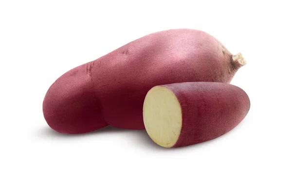 One whole and half of pink sweet potato with white flesh isolated on white background.Autumn vegetable image for organic food packaging design. Healthy lifestyle, proper nutrition. Yam cutaway.