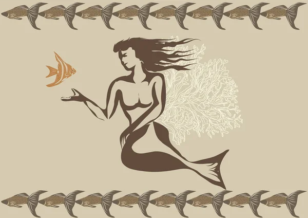 Sjöjungfru Med Fisk Och Korall Vektor Illustration — Stock vektor