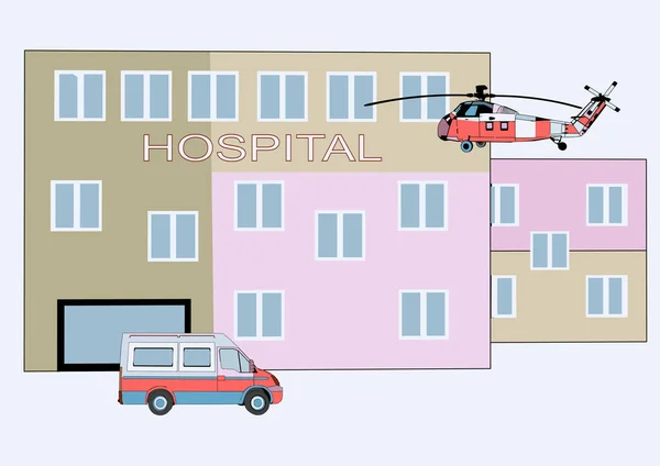 อาคารนามธรรมของโรงพยาบาลพร อมรถพยาบาลและเฮล คอปเตอร — ภาพเวกเตอร์สต็อก