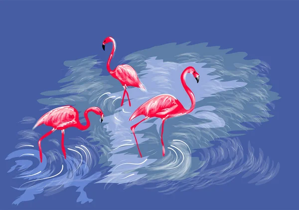 Três Flamingos Fundo Água Abstrato — Vetor de Stock