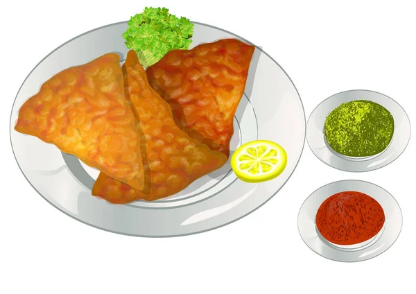 Samosa Comida India Con Salsa Plato Blanco — Vector de stock