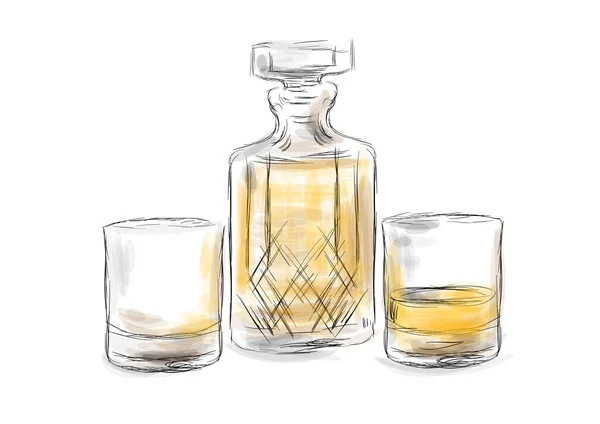 Whiskey Decanter Glasses Isolated White Background — Stock Vector