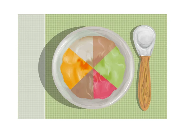 Alimento Para Bebés Vector Multicolor Plato Con Cuchara — Vector de stock