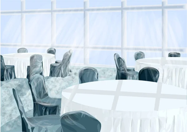 レストランのベクトルイラスト 白いテーブルと青い椅子 — ストックベクタ