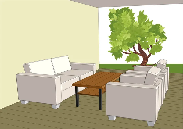 Tuin Patio Vector Illustratie Tuinmeubelen Groop — Stockvector