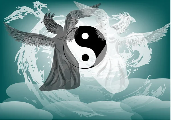 Fantasía Yin y Yang con ángeles — Vector de stock