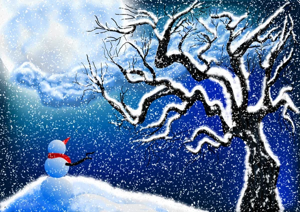 Schneemann und Nachthimmel — Stockfoto