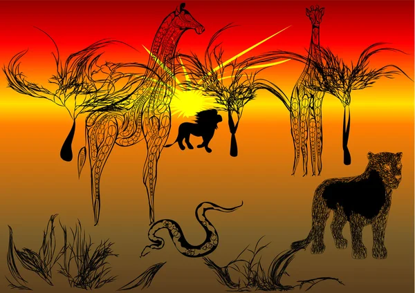 坦桑尼亚的野生动物园。动物的抽象剪影 — 图库矢量图片